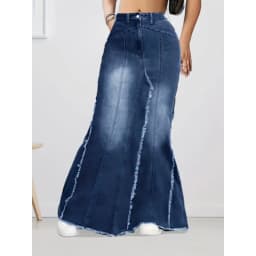 Women's High Waist Stretch Denim Skirt Slim Fit Frayed Hem Casual Fashion Bodycon Skirt