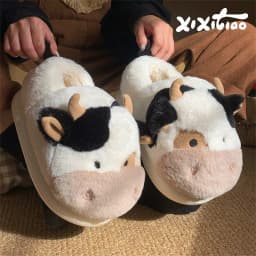 XIXITIAO Warm Cow Slippers for Women Cartoon Cute Plush Soft Thick-Soled Indoor Slippers Winter Home Couples Shoes Surprise Gift