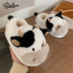 XIXITIAO Warm Cow Slippers for Women Cartoon Cute Plush Soft Thick-Soled Indoor Slippers Winter Home Couples Shoes Surprise Gift