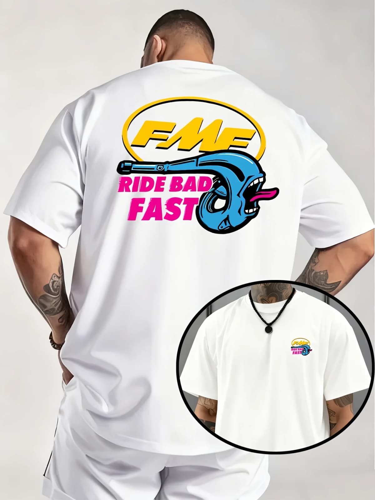 2026 Summer New American Motorcycle Fmf Interesting Exhaust Pipe T-shirt "ride Bad Fast" Knitted Fabric Fresh and Comfortable