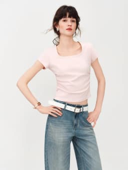 FSLE 2026 Summer Women's Square Neck Regular Shoulder Short Sleeve T-Shirt - K-Style Inspired Cotton Blend Stretch Fitted Cut