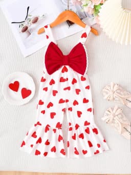 Baby Girl's Heart-Printed Flared Jumpsuit with Big Red Bow Shoulder Straps, Sweet Valentine's Day Princess-Style Summer Outfit