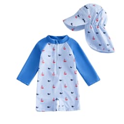 0-24M Baby Rash Guard Swimsuit with Hat 2 Pcs Set Bee/Watermelon/Sailboat Print Striped Zip Up Long Sleeve Rompers Swimwears