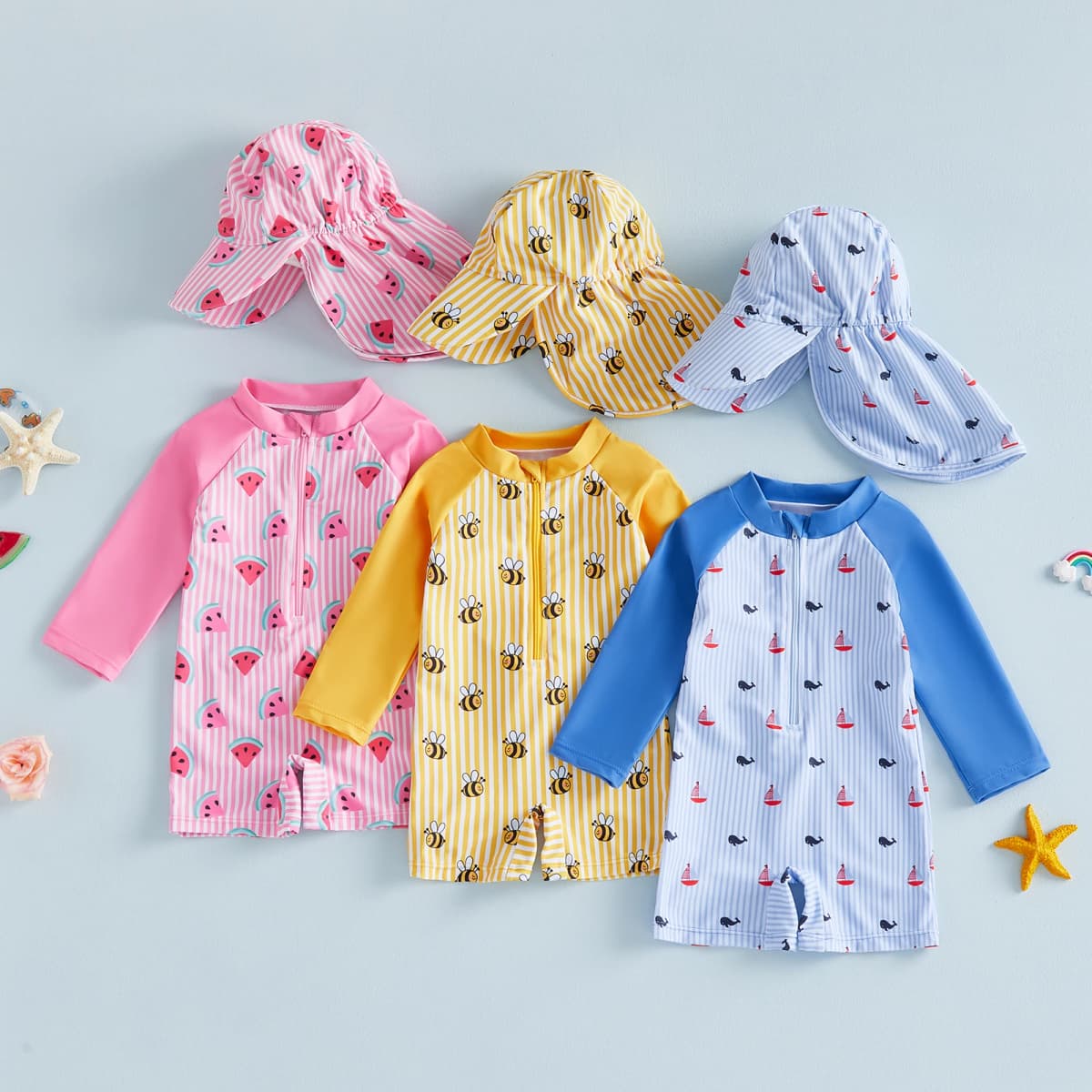 0-24M Baby Rash Guard Swimsuit with Hat 2 Pcs Set Bee/Watermelon/Sailboat Print Striped Zip Up Long Sleeve Rompers Swimwears