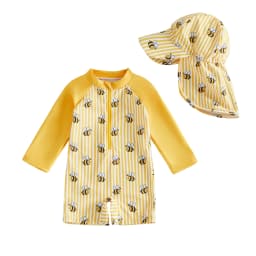 0-24M Baby Rash Guard Swimsuit with Hat 2 Pcs Set Bee/Watermelon/Sailboat Print Striped Zip Up Long Sleeve Rompers Swimwears