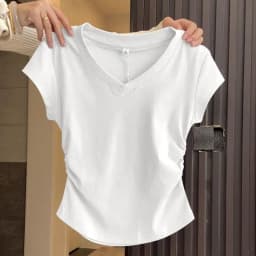 Summer Women's Short Sleeved T-shirt Solid Color Slim Fit V-neck Lightweight and Slimming Casual Versatile Basic Women's Top