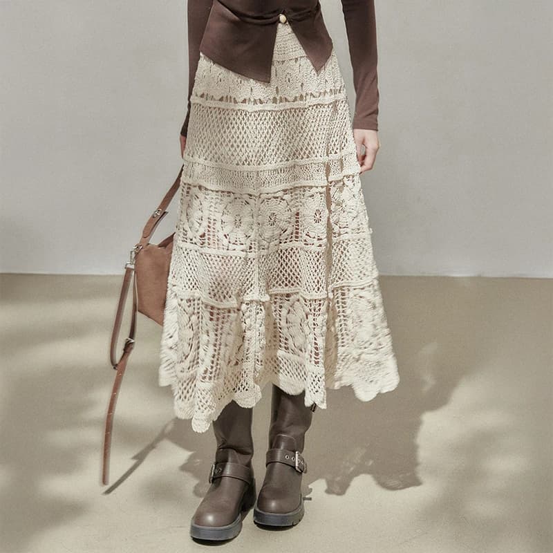 Crochet Midi Skirts Women Openwork Hollow Out Guipure Lace Long Skirt Summer Dress French Chic Retro Boho Hippie Festival Outfit