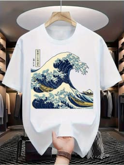 Men's Summer Pure Cotton Casual Loose Kanagawa Surfing Art Print Comfortable Sports Round Neck Short Sleeved T-Shirt Top