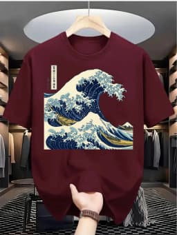 Men's Summer Pure Cotton Casual Loose Kanagawa Surfing Art Print Comfortable Sports Round Neck Short Sleeved T-Shirt Top