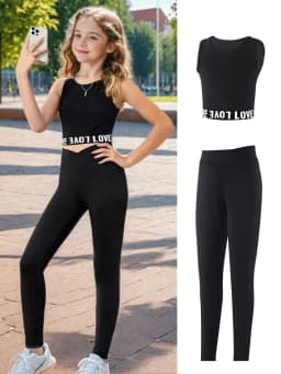 Girls 2-Piece "Love" Active Set – Black Sleeveless Crop Top & High Waist Leggings Set for Kids