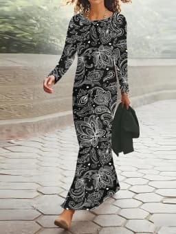 Casual Long Sleeve Dress for Women Tropical Print Waist Accent A-Line Midi Dress Vacation Outfit Summer Fashion Black and