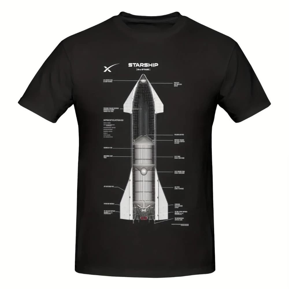 Men'S Vintage SpaceX Starship SN15 Technical Drawing T-Shirt Crewneck Tee SpaceX Rocket Specs All-Year Casual Shirt