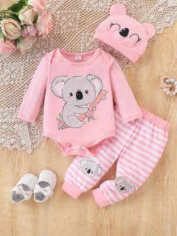 Baby Koala Print Set: Pink Romper + Striped Pants + Animal Hat Three-Piece Set, Autumn and Winter Outing Outfit for Baby Girls