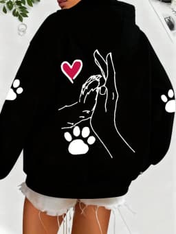Ladies' Casual and Elegant Polyester Hoodie with Dog and Heart-Shaped Paw Prints, Hoodie, Animal Pattern