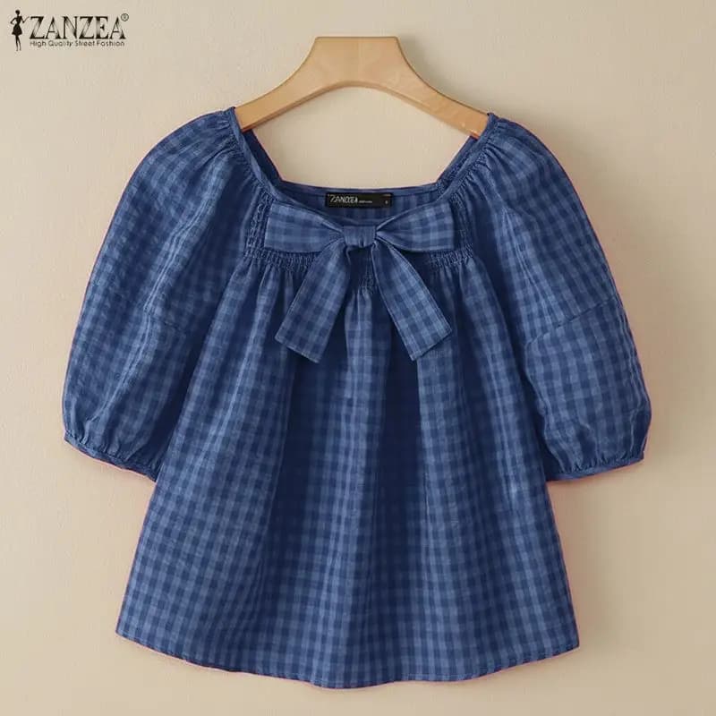 Summer Plaid Shirt Stylish Holiday Tunic Tops ZANZEA Elegant Women Square Neck Short Puff Sleeve Work Blouse Female Blusas Mujer