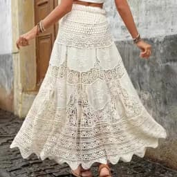 Crochet Lace Maxi Skirt Elastic Waist Hollow-out Embroidered Long Skirt Bohemian Beach Festival Women Summer Boho Resort Outfit