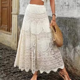 Crochet Lace Maxi Skirt Elastic Waist Hollow-out Embroidered Long Skirt Bohemian Beach Festival Women Summer Boho Resort Outfit
