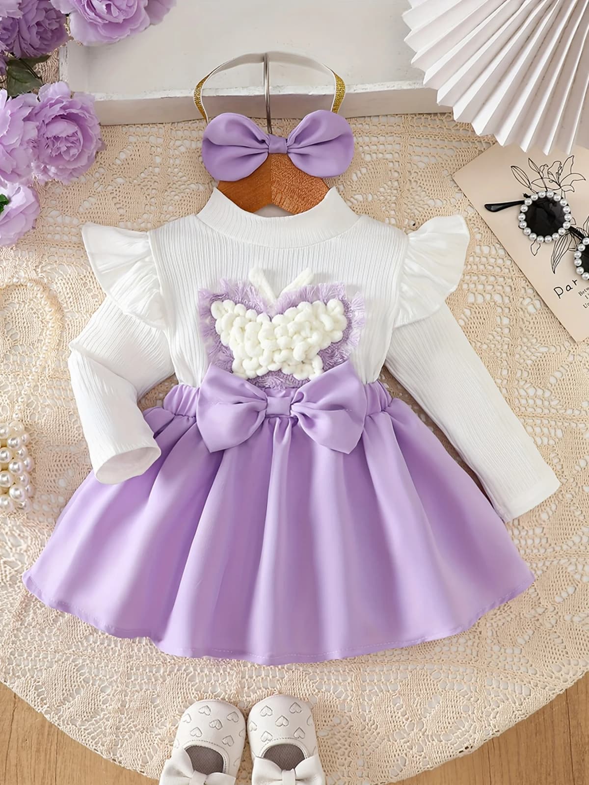 Pink Hand-Crafted 3D Bowknot Lotus Leaf Sleeve Faux Two-Piece Princess Dress with Large Bowknot Headband, Cute and Eye-Catching