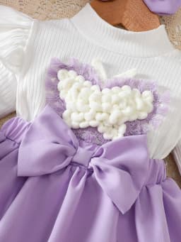 Pink Hand-Crafted 3D Bowknot Lotus Leaf Sleeve Faux Two-Piece Princess Dress with Large Bowknot Headband, Cute and Eye-Catching