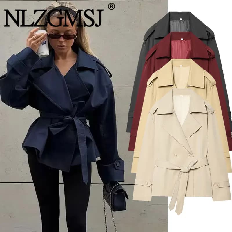 Nlzgmsj 2026 Spring French Style Women Cropped Trench Coat Double Breasted Belted Lapel Collar Long Sleeve Elegant Windbreaker