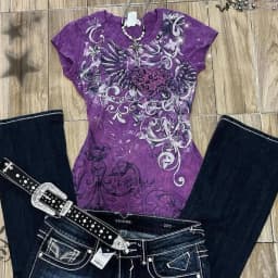 Women's Subculture Vintage Purple Print T-shirts American Street Hottie Slim Tees Fashion Y2K Punk Aesthetic Tops Chic Clothing