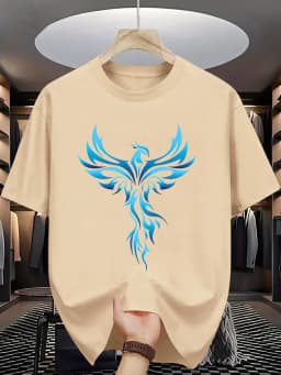 Men's Summer 100% Cotton Casual Loose Blue Phoenix Pattern Printed Comfortable Sports Round Neck Short Sleeve T-shirt Top