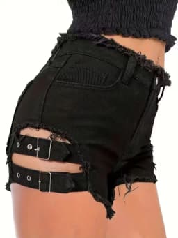 Women's Black Denim Shorts Low Waisted Frayed Hem Adjustable Buckle Straps Cutout Sexy Clubwear Party Mini Hot Pants