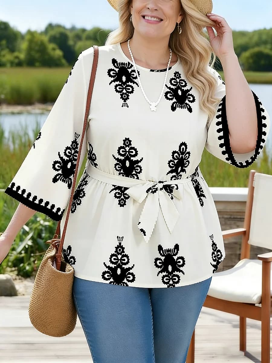 Plus Size Women's T-Shirt Round Neck 3/4 Sleeve Print Loose Fit Tops Boho Tee Spring Summer Casual T-Shirt Beach Light Tops