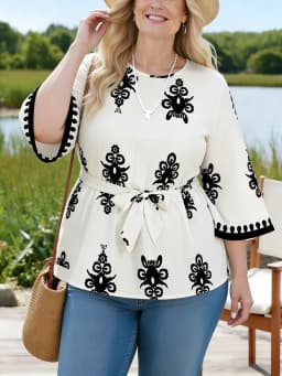 Plus Size Women's T-Shirt Round Neck 3/4 Sleeve Print Loose Fit Tops Boho Tee Spring Summer Casual T-Shirt Beach Light Tops