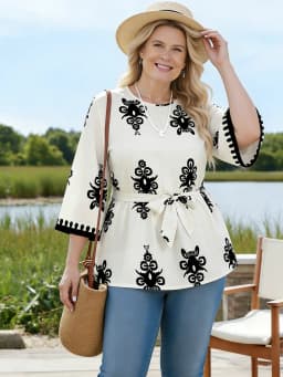 Plus Size Women's T-Shirt Round Neck 3/4 Sleeve Print Loose Fit Tops Boho Tee Spring Summer Casual T-Shirt Beach Light Tops