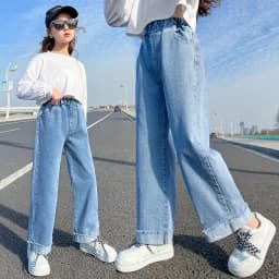 2026 Spring Kid's Jeans 3-9Y Cute Girls Solid Color Loose Wide Leg Pants Childrens Outwear Denim Trousers