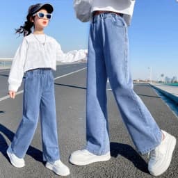 2026 Spring Kid's Jeans 3-9Y Cute Girls Solid Color Loose Wide Leg Pants Childrens Outwear Denim Trousers