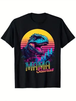 Funny MamaSaurus T-Rex Dinosaur Mom T-Shirt Retro Vintage Tee Soft Crew Neck Short Sleeve Shirt - Mother's Day Gifts for Women