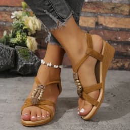Women's Beaded Decor Wedge Sandals Open Toe Elastic Ankle Strap Comfortable Walking Shoes for Summer Beach Vacation Daily Wear