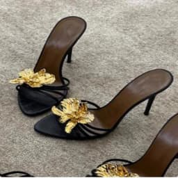 Women Black Gold Genuine Leather Gold Metal Flower Open Toe Shallow Slip on Stiletto Heel Slide Slippers Sandals
