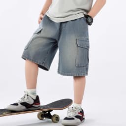 Summer Teen Boys Denim Shorts Fashion Solid Color Big Pocket Thin Jeans Pants For 4-14 Years Kids Children Casual Trousers