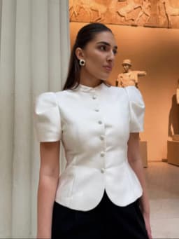 Women's Elegant Puff Sleeve Blouse Stand Collar Single-breasted Fitted Peplum Top Female Office Formal Occasions Cozy Clothes