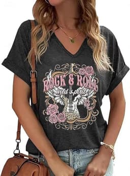 Women's Music Festival Letter Print T-Shirt, Vintage V-Neck Short Sleeve, Spring Summer