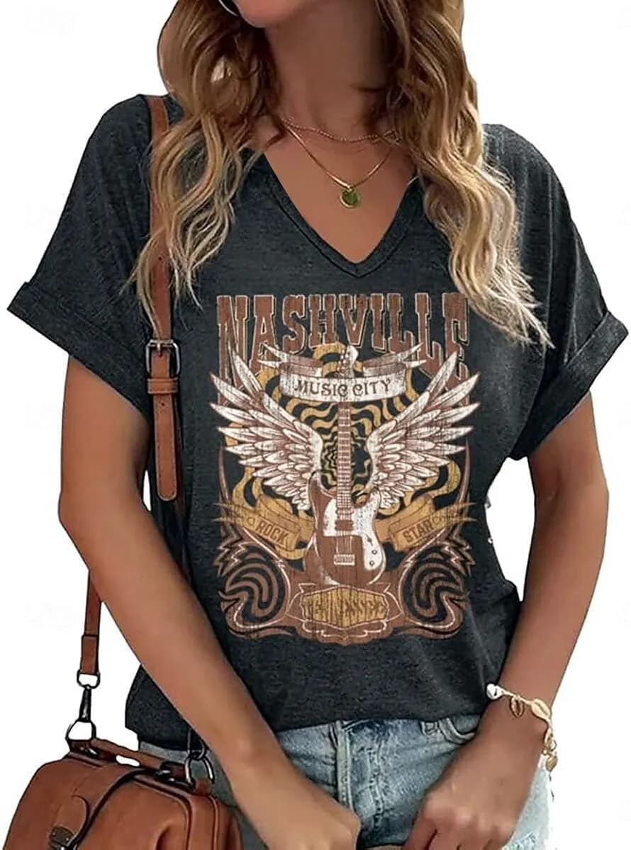 Women's Music Festival Letter Print T-Shirt, Vintage V-Neck Short Sleeve, Spring Summer