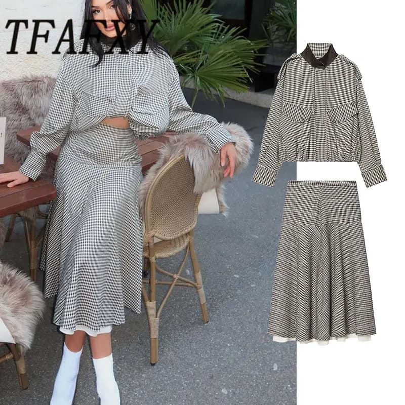 TFAFXY2026 Spring Casual Chic Women Checked Stand Collar Single Breasted Zipper Pockets Jacket Midi Skirt New Fashion Street Set
