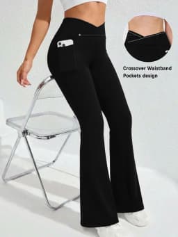 Women's Super Soft Crossover High Waisted Flare Legging With Pockets, Tummy Control Yoga Bootleg Bell Bottoms