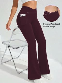 Women's Super Soft Crossover High Waisted Flare Legging With Pockets, Tummy Control Yoga Bootleg Bell Bottoms