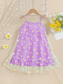2026 Girls' Leisure New Spring and Summer Sunflower Printed Bow Decoration Strap Loose Comfortable Dress Small Skirt