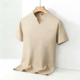 Men's Orange V-notch Stand Collar Short Sleeve T-shirt Casual Business Slim Fit Top for Office Commute