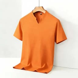 Men's Orange V-notch Stand Collar Short Sleeve T-shirt Casual Business Slim Fit Top for Office Commute