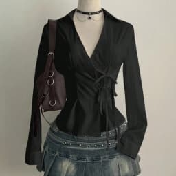 Sweet Long-sleeved Slim Fit Shirt V-neck Y2K Office Aesthetic Blouse Harajuku Waist Up Cardigan Top Lady