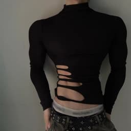 Men Summer T Shirt Long Sleeve Tee Tops Half Collar Clothing Sexy Muscle Skinny Tshirt Side Cut Hollow Out Ripped Slim Autumn