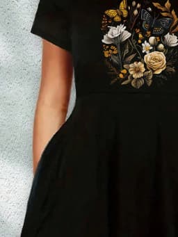 2026 Women's Casual Plus Size Spring/Summer Butterfly Flower Print Round Neck Loose Solid Color Short Sleeved Dress Long Skirt