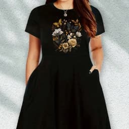2026 Women's Casual Plus Size Spring/Summer Butterfly Flower Print Round Neck Loose Solid Color Short Sleeved Dress Long Skirt