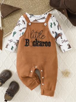 Baby Boy's American Retro Western Two-Piece Set | Tribal Cowboy All-Over Print Romper + "Little Buckaroo" English Waffle Knit Overalls, Cute and Cool, Comfortable Autumn Outfit